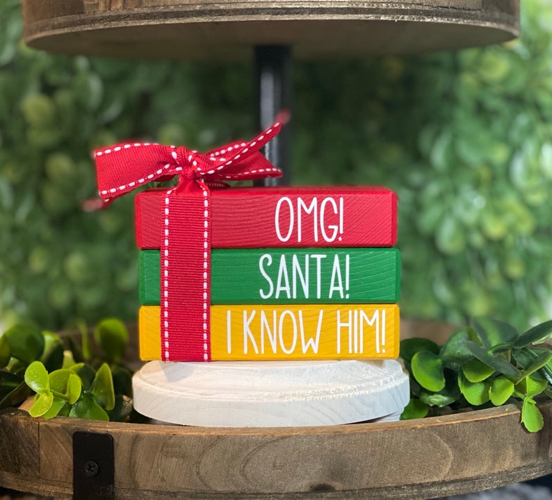 Santa Book Stack, Christmas Tier Tray Decor, Wooden Books Bundle