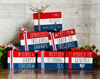 4th of July Tiered Tray Decor Independence Day Patriotic Fourth of July 4th God Bless America Book Stack Summer Tiered Tray Americana Decor