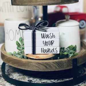 Bathroom Decor Wash Your Hands Sign Tiered Tray Decor Bathroom Shelf Decor Bathroom Mini Wood Book Stack Counter Toilet Decorations