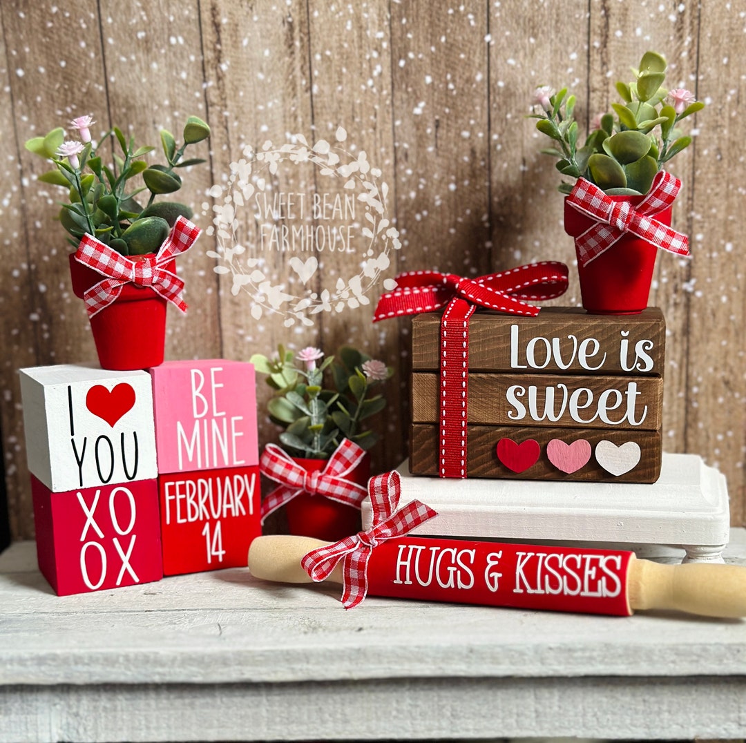 Valentines Day Tiered Tray Decor Mini Book Stack Rolling Pin Valentine