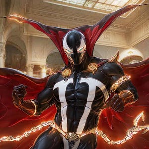 Puede incluir: Ilustración de un superhéroe con un traje negro y blanco con un gran emblema 'T' blanco en el pecho. El personaje tiene una capa roja y cadenas brillantes, sobre un fondo arquitectónico ornamentado.