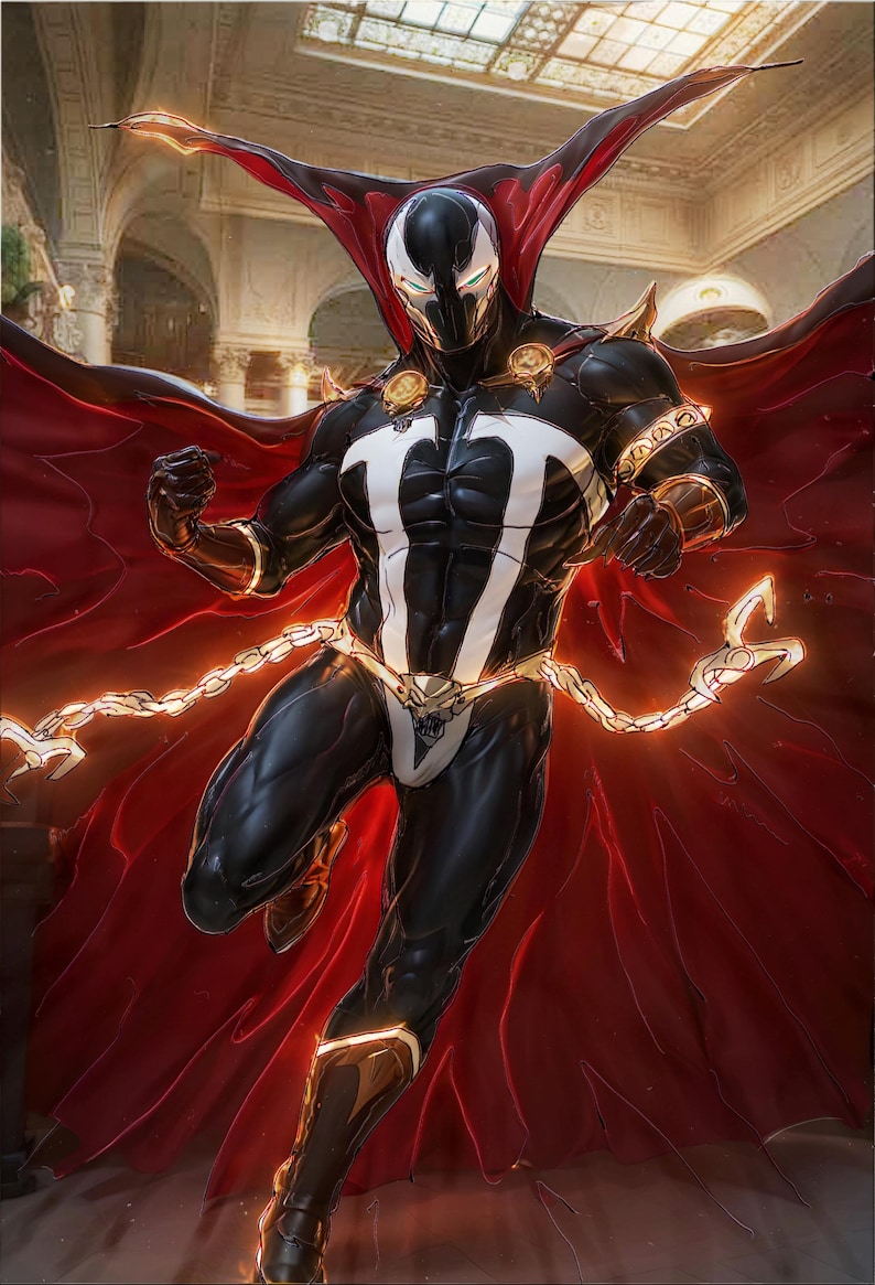May include: Illustration of a superhero in a black and white suit with a large white 'T' emblem. The character has a red cape and glowing chains, set against an ornate architectural background. The character is in a dynamic pose.