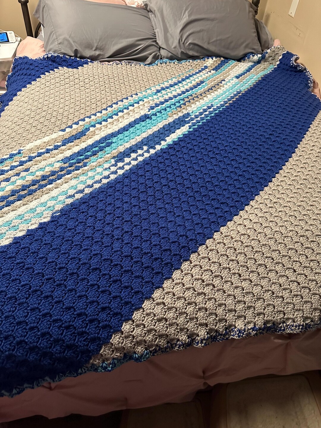 Calm Stripe/light Grey/royal Blue Queen Size Afghan Etsy