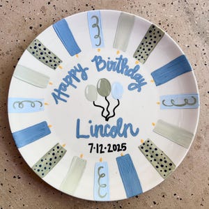 Blue Candle Hand Painted Preppy Grandmillienial Ceramic Boy Birthday Plate