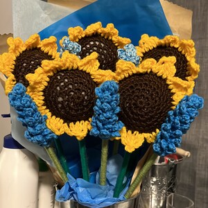 Crocheted sunflowers, roses, tulips, and lavanders