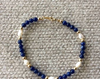 Natural Blue Lapis Bezel Set White Biwa Pearl Gold Plated Bracelet 8/'/'