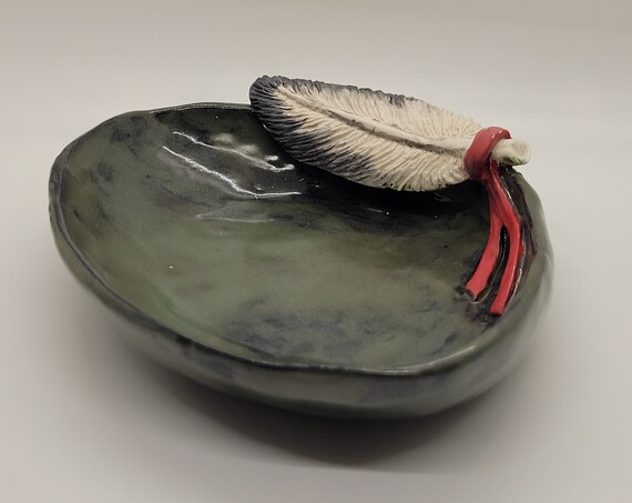 Clay  Shell & Feather Smudge Bowl - Olive - Rappahannock Made Pottery