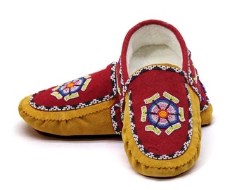 Woodland Floral Beaded Leather Moccasins with Red Floral Vamps & Side Flaps Men's 10.5 / Women's 12 WASHABLE