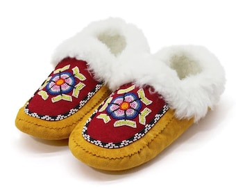 Real Leather Beaded Moccasins w/ Intricate Floral Beadwork on Vamps WASHABLE