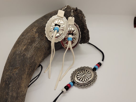 Silver Concho & Leather Earring and Choker Necklace Set - Southwest Style Native Made Jewelry Art