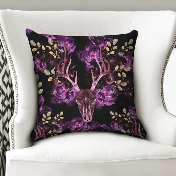 Throw Pillow Case 18"x18" Dark Forest Floor Floral Deer Skull
