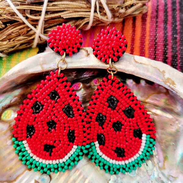 Bright Watermelon Beaded Tear Drop 2.5 Inch Earrings