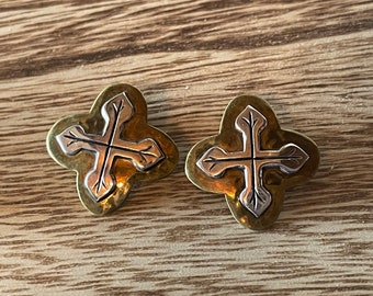 Jeep Collins Signed Sterling Silver & Brass Cross Clip-On Earrings - Very Rare - Retired