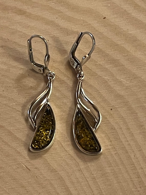 Green Amber & Authentic Vintage Sterling Drop Earr