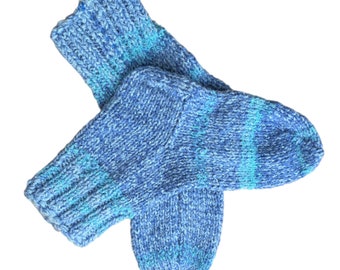 Hand Knitted Socks, One-off Socks - Thick Warm Hand Knitted Socks,  Random Blue Banding Hand Knitted Socks, Unisex Socks