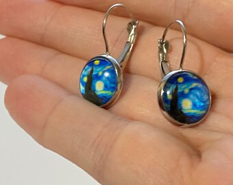 Van Gogh Starry Night Drop Earrings, Rhodium/Black Gift Earrings