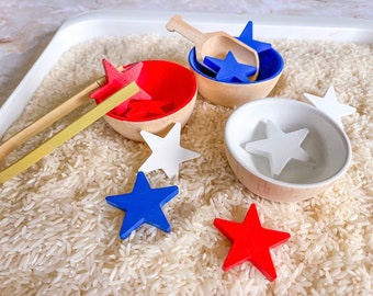 Fourth of July Independence Day Waldorf Montessori Stars and Bowls Sorting Sensory Play Educational Homeschool Learning Toy Gift Set