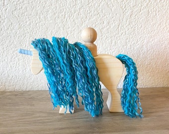 Natural Wooden Unicorn With Peg Doll Person Rider Toy in Blue Gift Montessori Waldorf