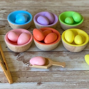 Wooden Egg and Bowl Sorting Game with Tongs and Scoop Pastel Rainbow Montessori Waldorf Toy Gift Easter
