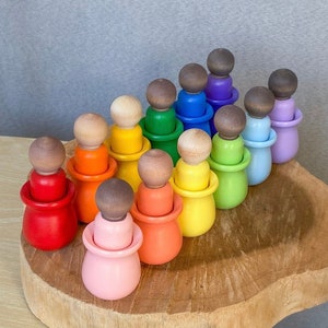 Multicultural Multiracial Rainbows Peg Person Dolls with Color Matching Cups Set of 12 Montessori Waldorf Toy Gift / Easter