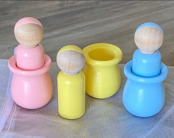 Montessori Waldorf Wooden Nesting Peg People and Cup Learning Homeschool Educational Pastel Toy Gift Set of 3 / Easter