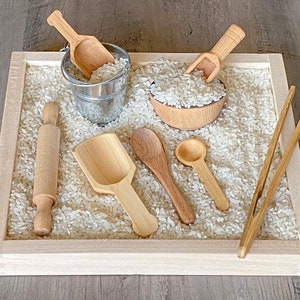 Sensory Bin Wooden Tools 9 piece Set for Montessori Learning Homeschool Kinetic Sand Toy Gift (Please see dimensions/ Tray NOT Included)