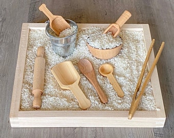 Sensory Bin Wooden Tools 9 piece Set for Montessori Learning Homeschool Kinetic Sand Toy Gift (Please see dimensions/ Tray NOT Included)