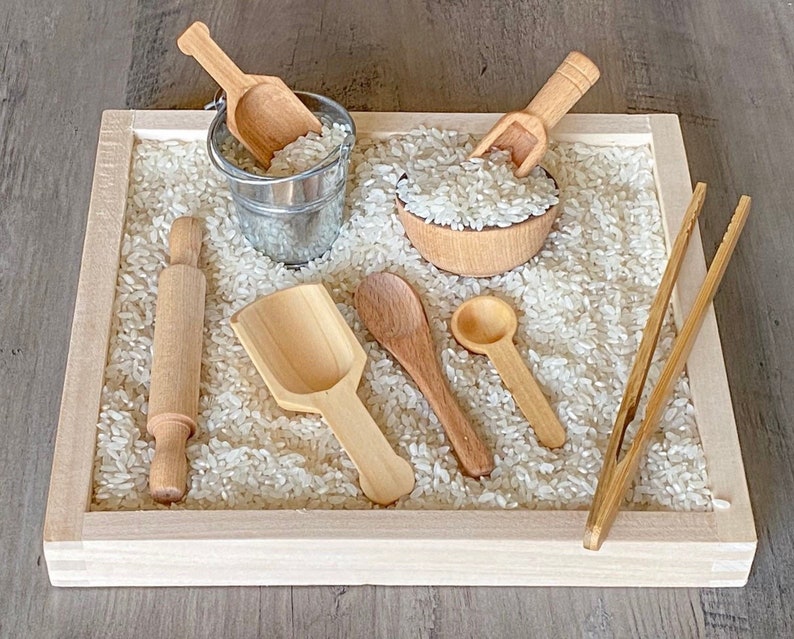 Sensory Bin Wooden Tools 9 piece Set for Montessori Learning Homeschool Kinetic Sand Toy Gift Please see dimensions/ Tray NOT Included image 1