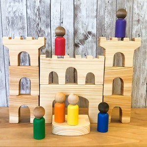 9 Piece Wooden Castle Blocks and Multicultural Rainbow Peg People Toy Gift