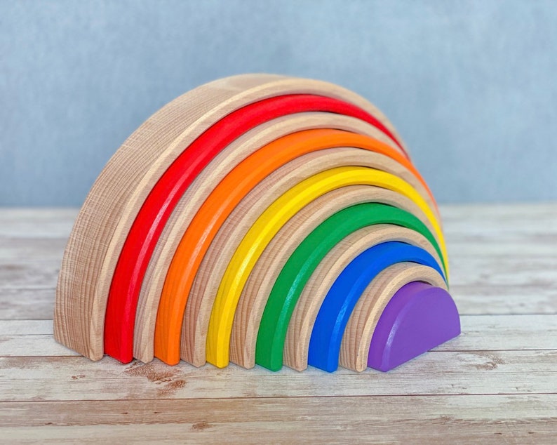 12 Piece Natural and Painted Combination Wooden Rainbow Toy Etsy