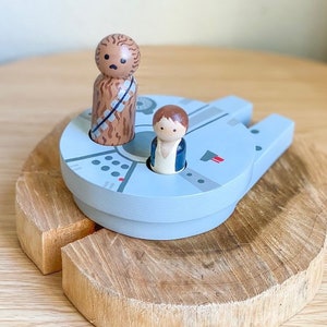 Star Wars inspired Wooden Millennium Falcon with Chewbacca and Han Solo Peg Dolls / Space Ship / Montessori Waldorf Pretend Play Toy Gift