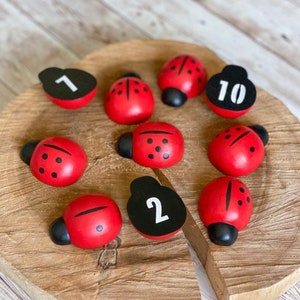 Counting Numbers Lady Bugs Wooden Educational Toy Set of 10 / Montessori Waldorf Homeschool Material / Spring Gift / Sorting Sensory Play