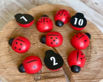 Counting Numbers Lady Bugs Wooden Educational Toy Set of 10 / Montessori Waldorf Homeschool Material / Spring Gift / Sorting Sensory Play