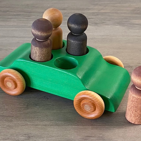 Choose Your Color Wooden Car Sedan with Four Multicultural Peg Doll Person Passengers and Drivers Montessori Waldorf Toy Gift