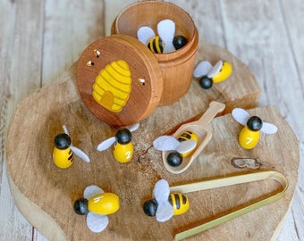 Wooden Counting Number Bumble Bees with Hive / Montessori Waldorf Educational Toy Gift / Sensory Play Learning Sorting