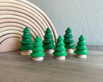 Waldorf Montessori Painted Wooden Tree Forest Set of 6 Toy Gift for Peg People Pretend Play