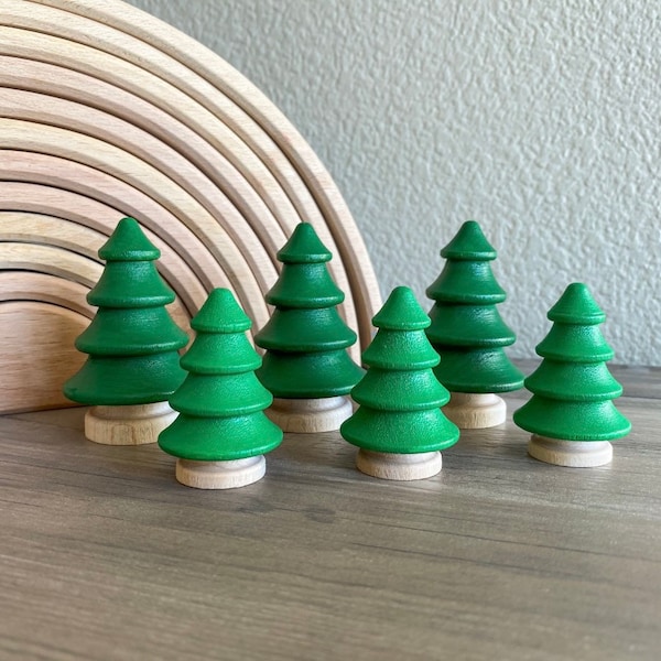 Waldorf Montessori Painted Wooden Tree Forest Set of 6 Toy Gift for Peg People Pretend Play