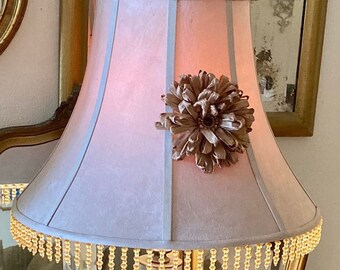 Vintage Victorian Style Parlor Lamp Shade w/ Beaded Fringe Floral Applique | Bell Shape Tan Suede Fabric Shade | 17” Diameter