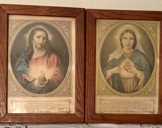 Pair Vibtage 1950s Sacred Heart of Jesus and Mary Signed Prints, Signed ...