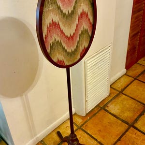 Antique Floor Standing Fire Screen – Chevron Fabric Oval Panel with Glass – Tripod Base