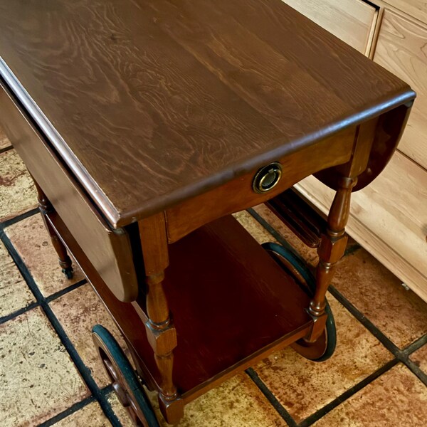 Vintage Colonial Style Drop Leaf Bar Cart - Solid Wood Rolling Tea Trolley