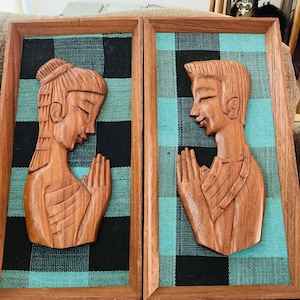 Pair of Vintage Teak Prayer Plaques, Daily Prayer MidCentury Wall Hangings, MidCentury Framed Teak Relief Art, Carved Teak Relief Sculptures