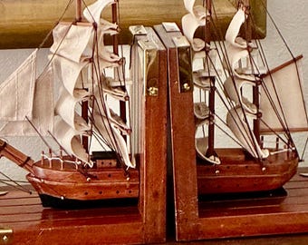 Vintage Wooden Sailing Ship Bookends Set of 2 Nautical Clipper Galleon Decor Brass Accent Book Holders Maritime Shelf Decor