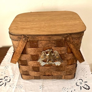 Vintage Picnic Basket, Gold Eagle Vintage Wood and Wicker Picnic Basket, Covered Storage Basket