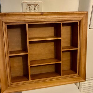 Vintage Wooden Shadow Box Display Shelf – Wall-Mount Curio Cabinet with 7 Compartments, Beveled Frame – 25” x 21.5”