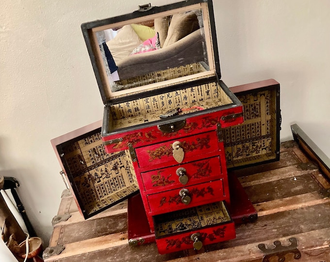 Large Vintage Jewelry Box With Side Doors, Red Oriental Jewelry Box