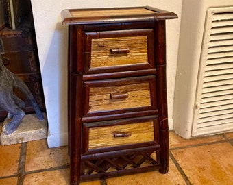 Vintage Split Bamboo Side Table with 3 Drawer, Vintage Bamboo Nightstand, Bamboo and Wood Side table with 3 Drawers