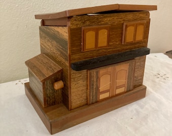 Vintage wooden music box cigarette dispenser,  Western Saloon Musical Cigarette dispenser, Musical House cigarette holder