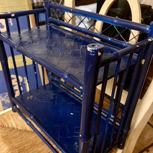 Vintage Bamboo Tabletop Shelf | MidCentury Chinoiserie Wicker Shelf | Painted Cobalt Blue Wall Shelf