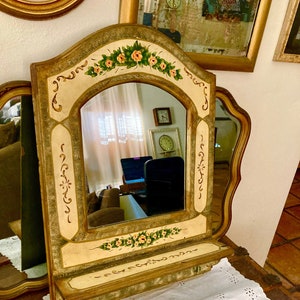 Vintage Framed Mirror, French Country Framed Mirror Window with Shelf, Framed Floral Mirror with Shelf, Shabby Chic Framed Mirror with Shelf